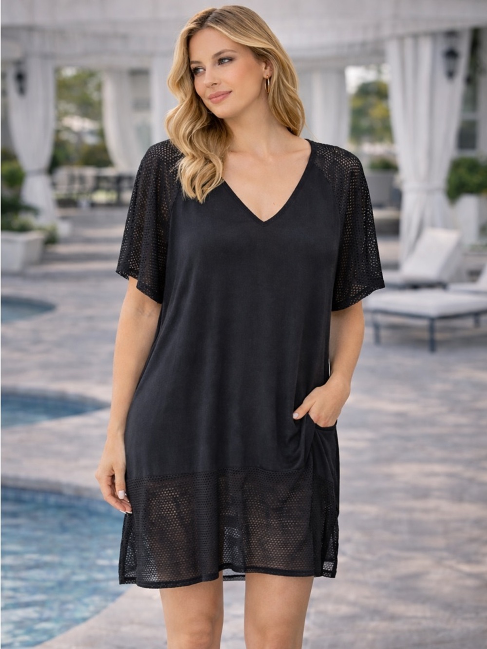 Whereabouts cover-up Black Mesh Tunic Swim  XL Boho Beach Resort Wear